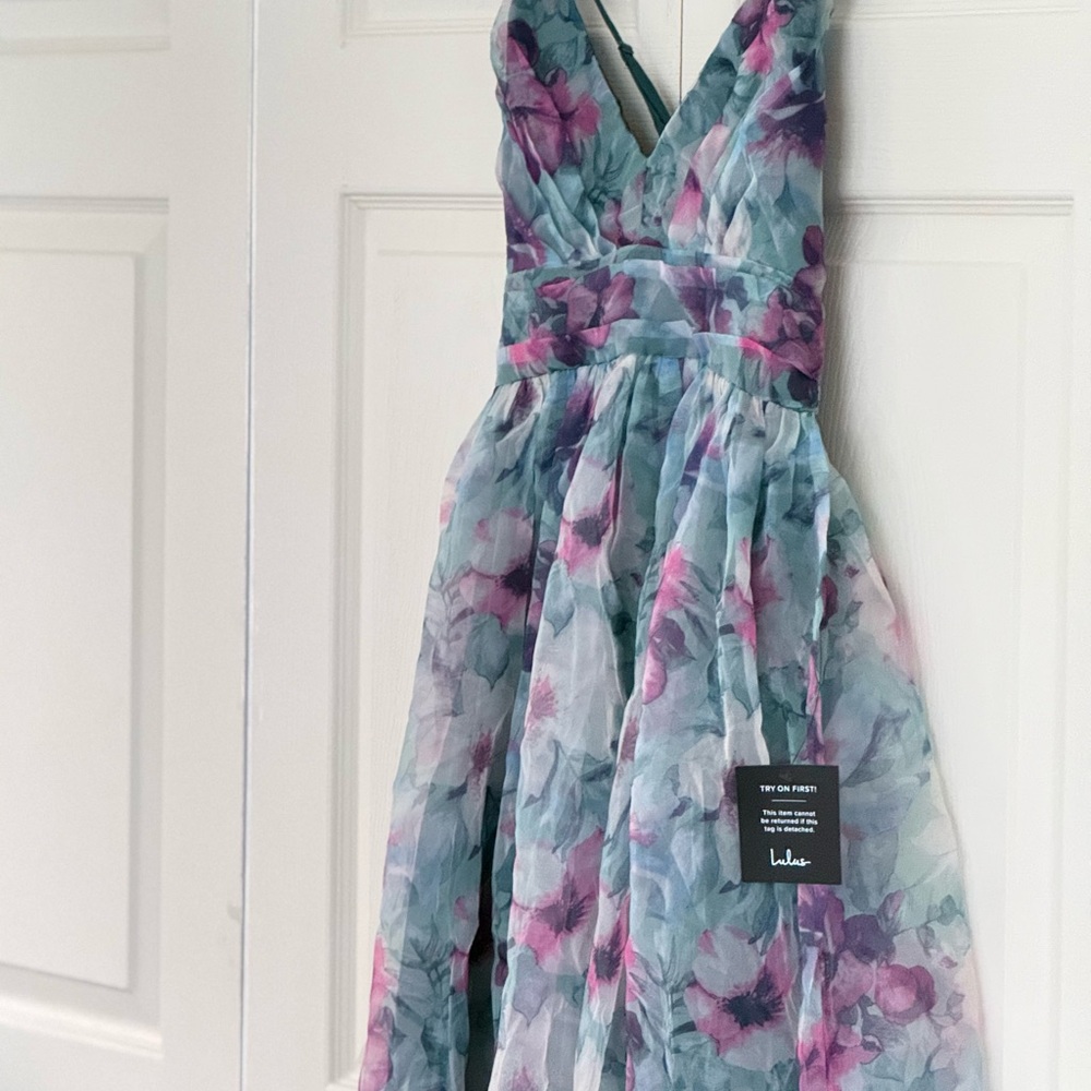 Lulu's Floral Romance That Wows Dark Teal Floral Print Organza size S - Picture 3 of 6